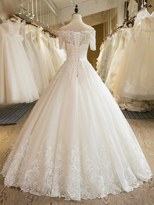 Wholesale Ball Gown 1/2 Sleeves Off-the-Shoulder Floor-Length Applique Lace Tulle Wedding Dresses